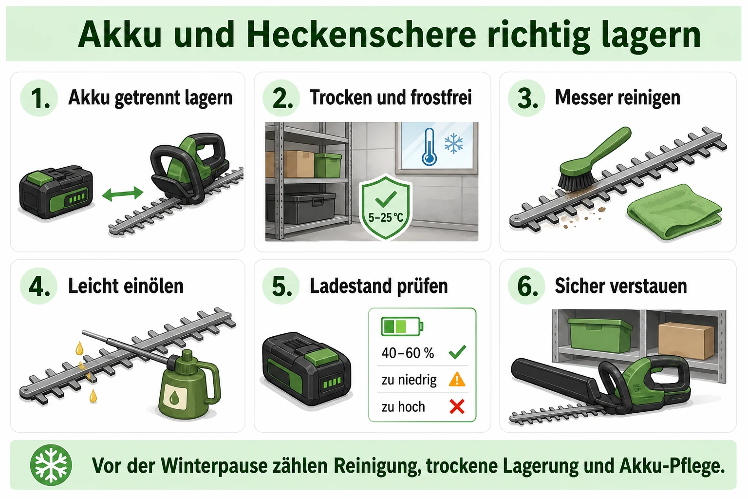 Infografik: Akku und Heckenschere richtig lagern