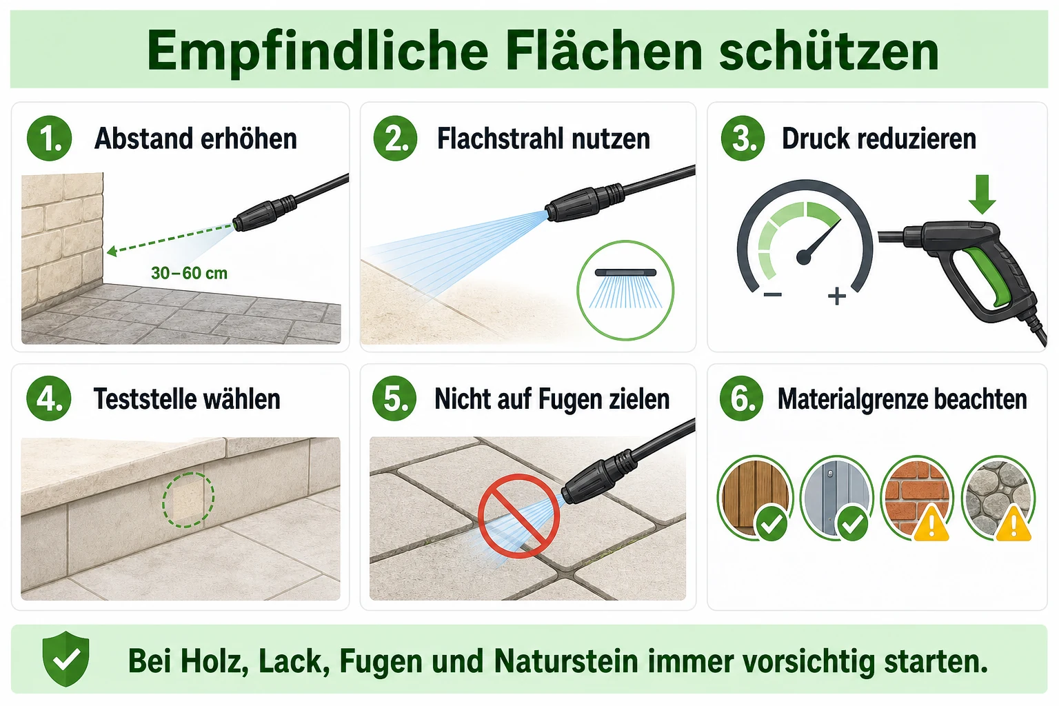 Infografik: Empfindliche Oberflächen mit dem Hochdruckreiniger schützen