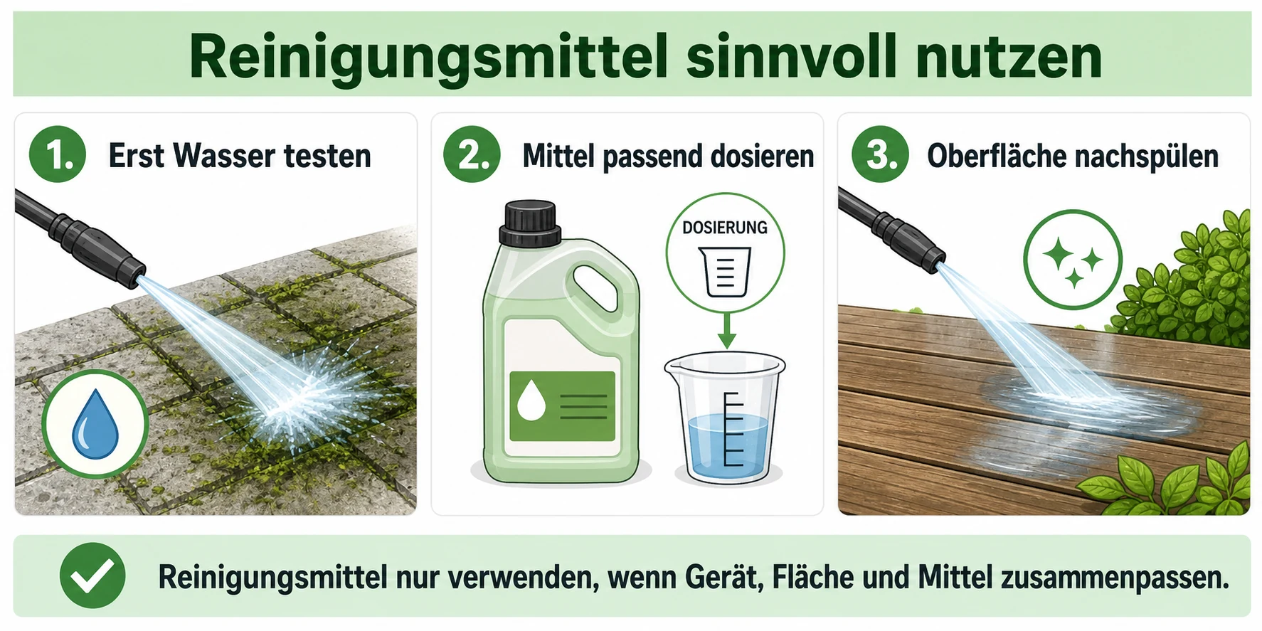 Infografik: Reinigungsmittel beim Hochdruckreiniger sinnvoll einsetzen