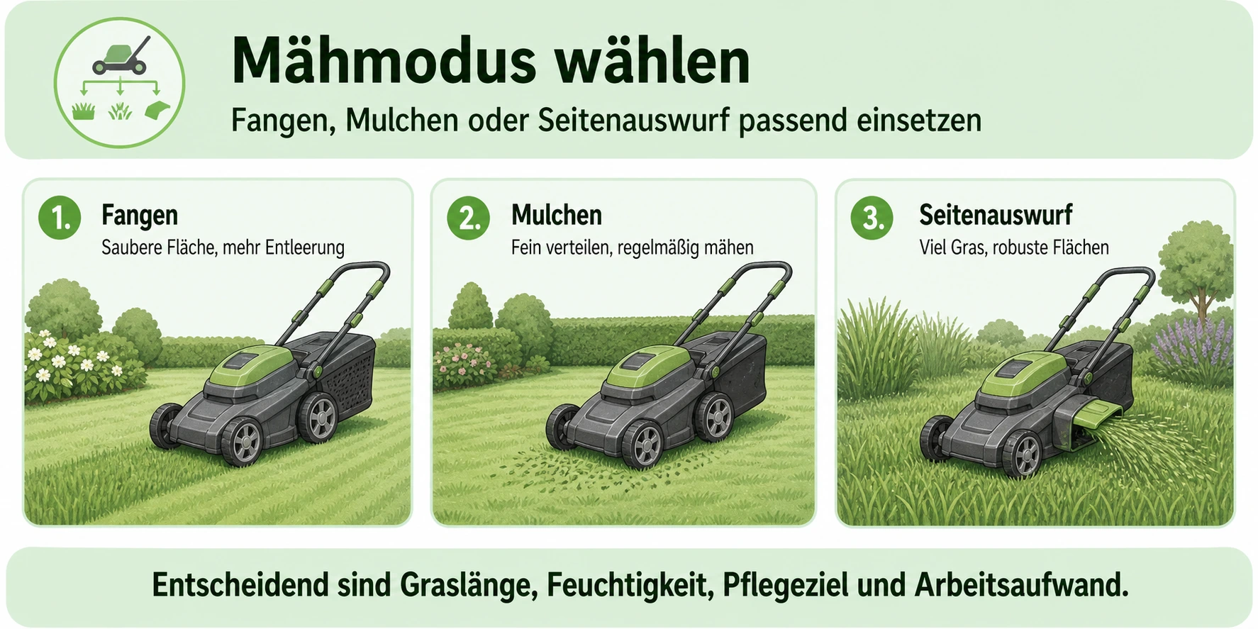 Infografik: Fangen, Mulchen oder Seitenauswurf beim Akku-Rasenmäher