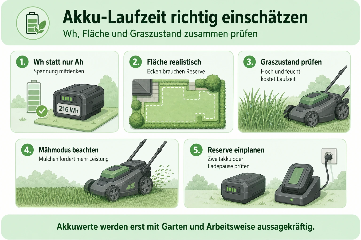 Infografik: Laufzeit und Akkuangaben beim Akku-Rasenmäher richtig einschätzen
