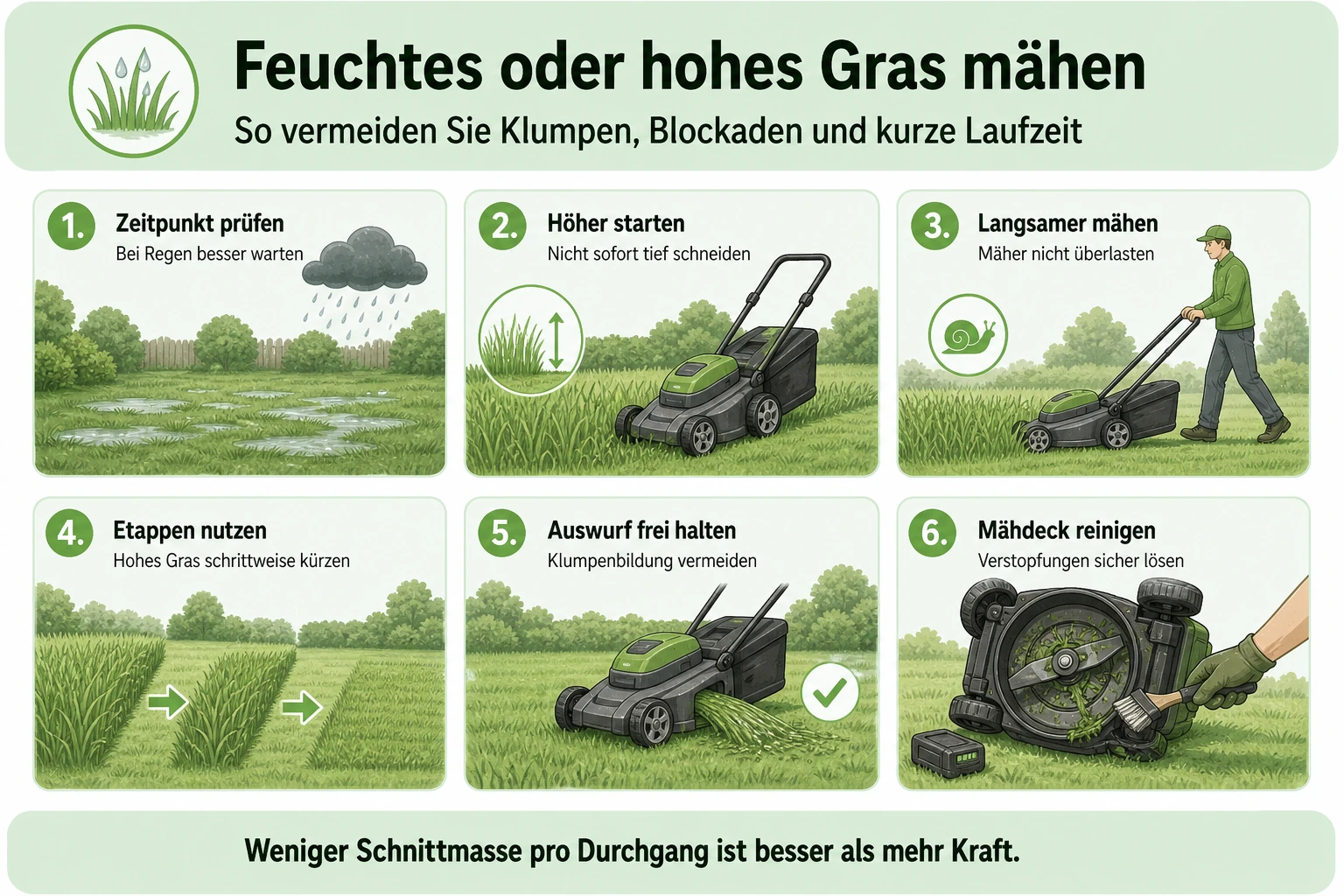 Infografik: Probleme bei feuchtem oder hohem Gras vermeiden