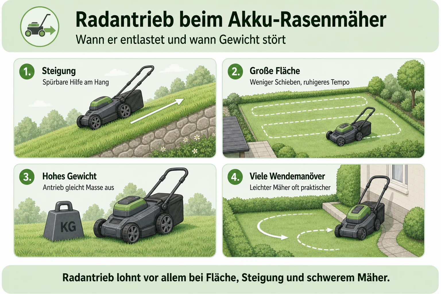 Infografik: Wann Radantrieb beim Akku-Rasenmäher hilft