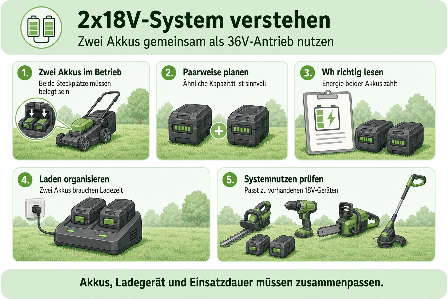 Infografik: Was ein 2x18V-System beim Akku-Rasenmäher bedeutet