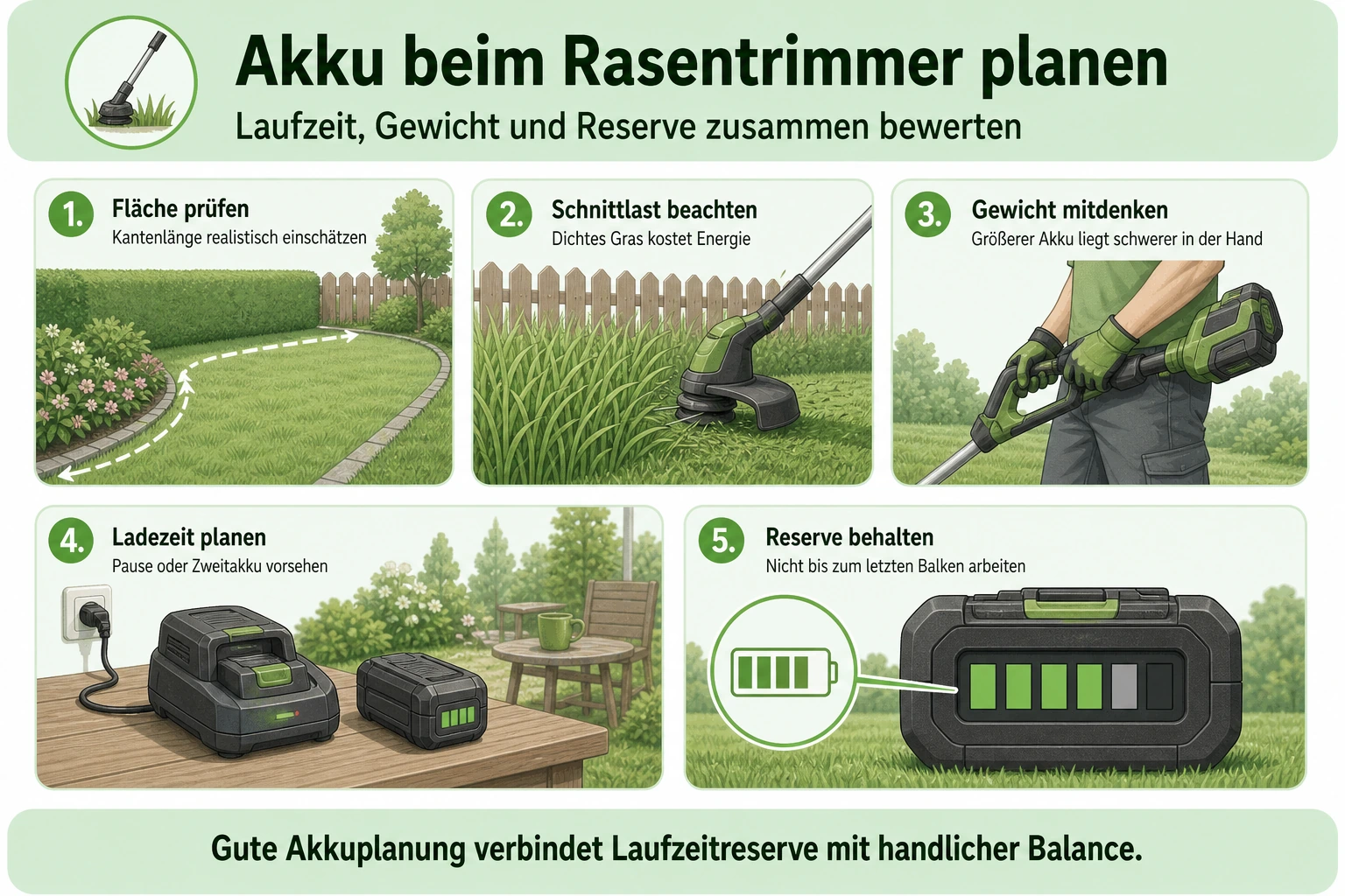 Infografik: Akkuplanung beim Rasentrimmer