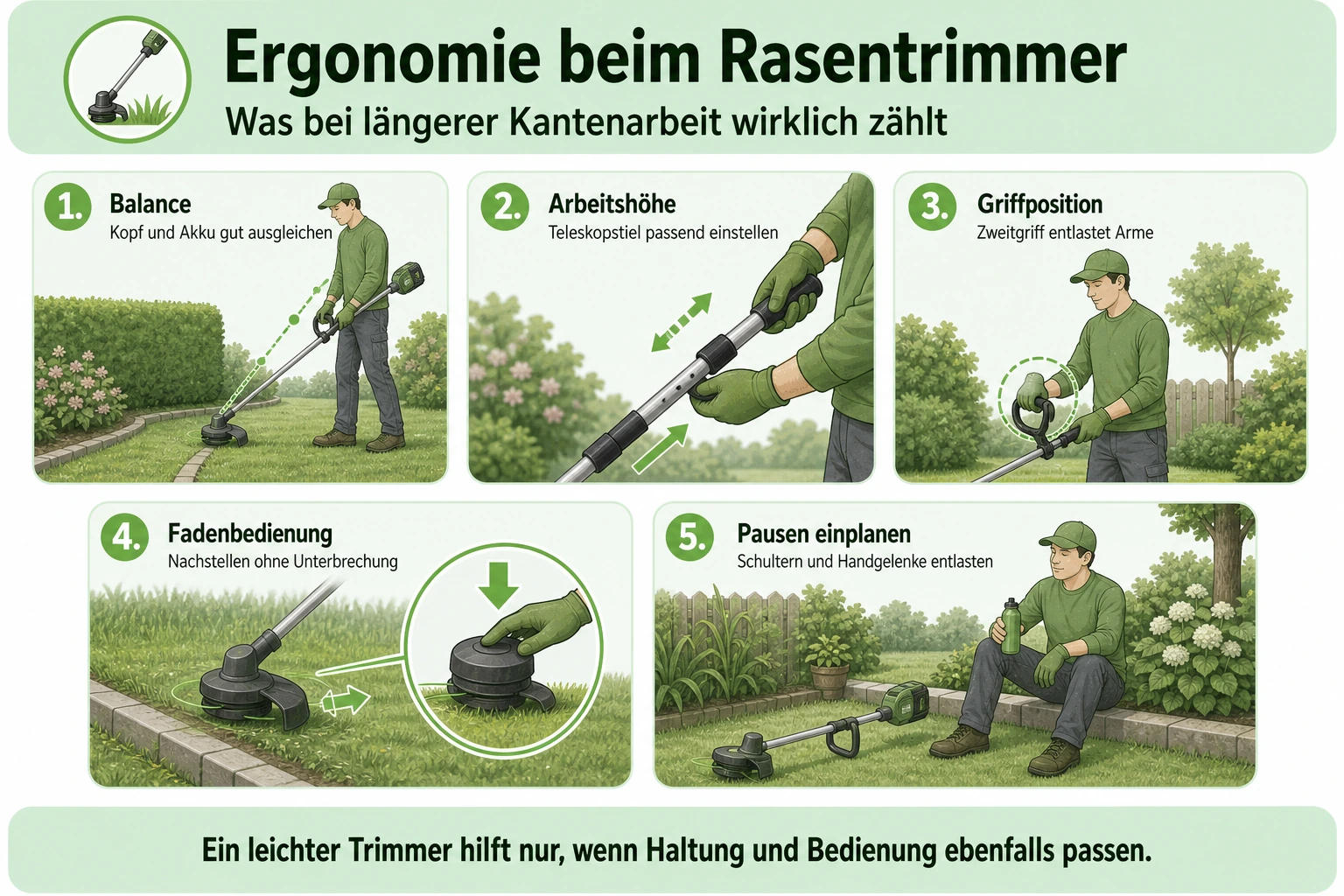 Infografik: Ergonomie beim Rasentrimmer im Alltag