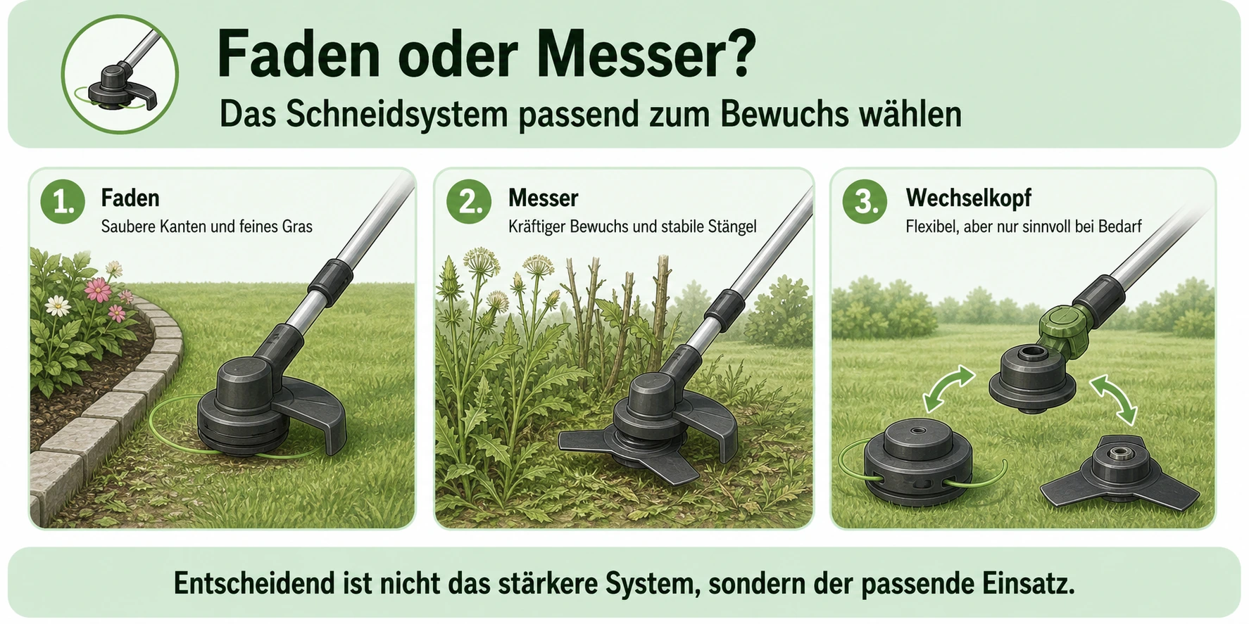 Infografik: Faden oder Messer beim Rasentrimmer