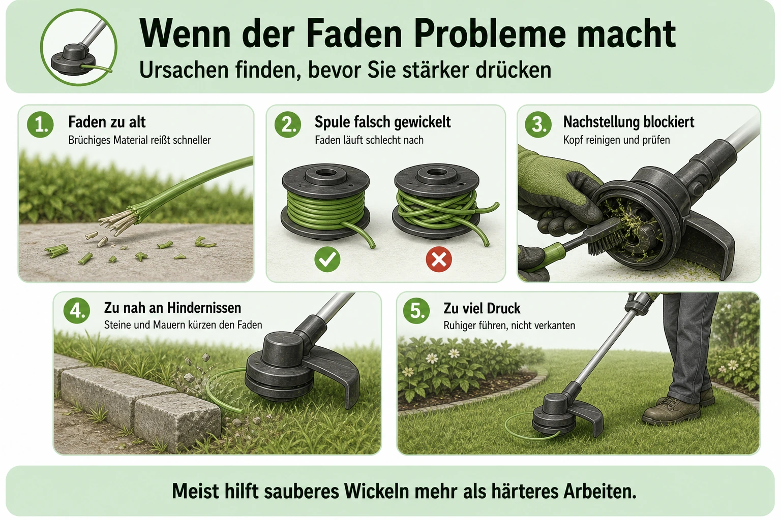 Infografik: Warum der Rasentrimmer-Faden reißt oder schlecht nachläuft