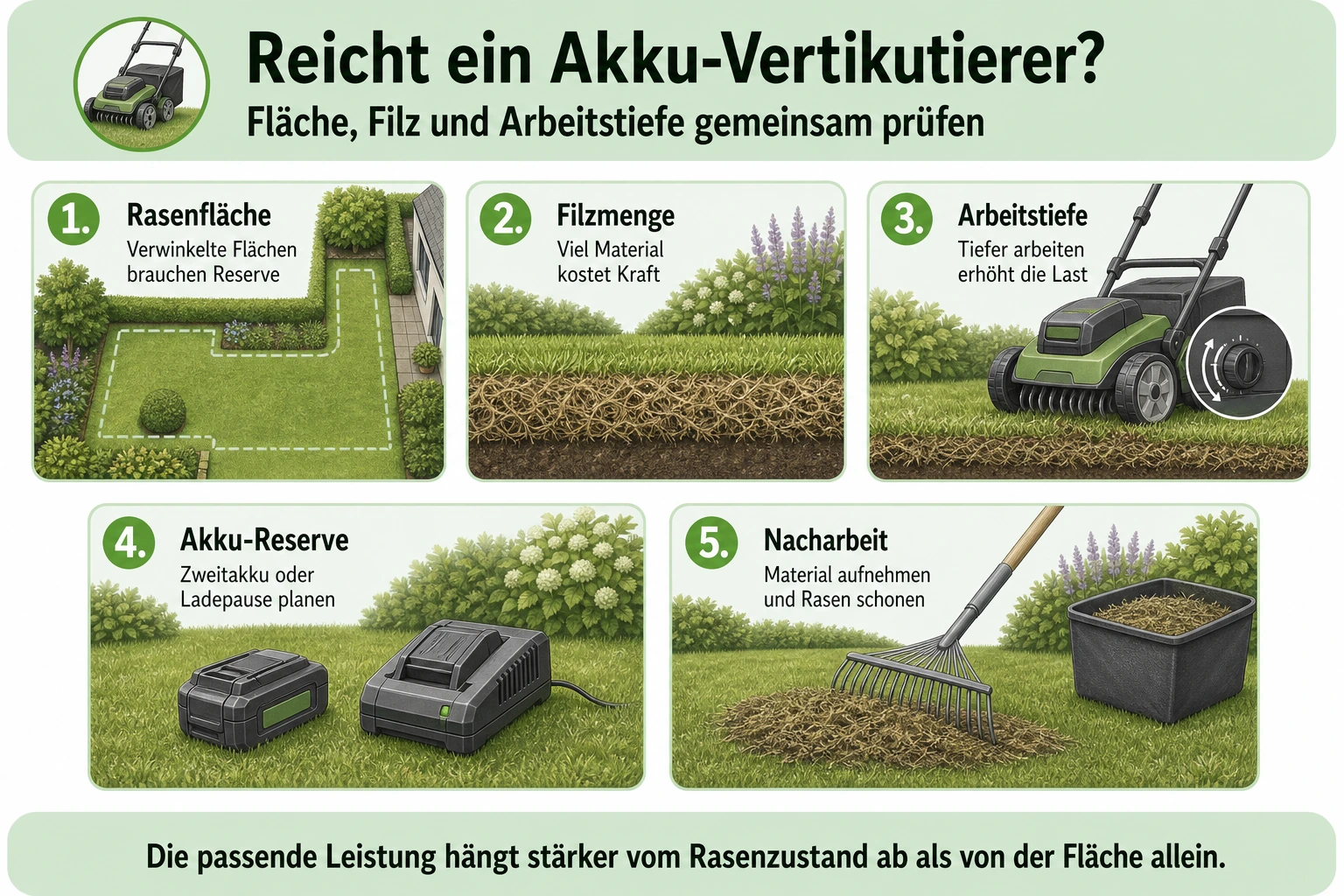 Infografik: Reicht ein Akku-Vertikutierer für die Rasenfläche?