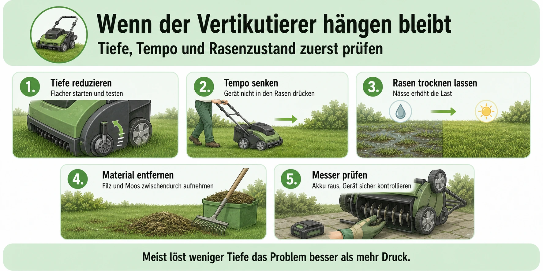 Infografik: Wenn der Akku-Vertikutierer hängen bleibt