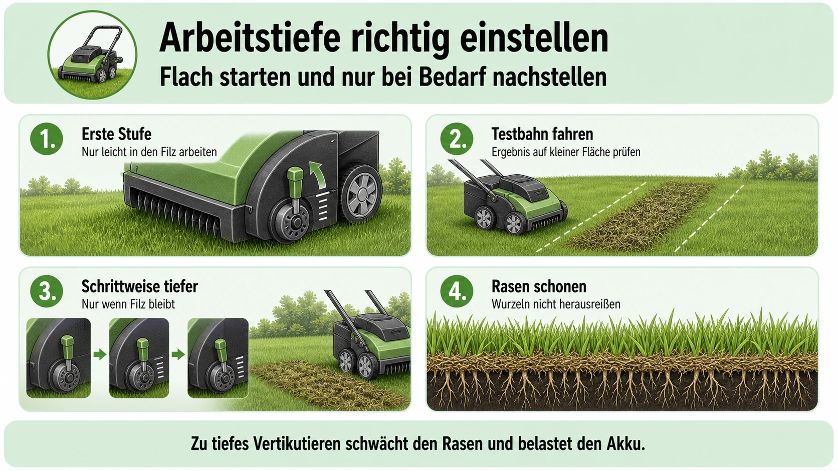 Infografik: Arbeitstiefe beim Akku-Vertikutierer einstellen
