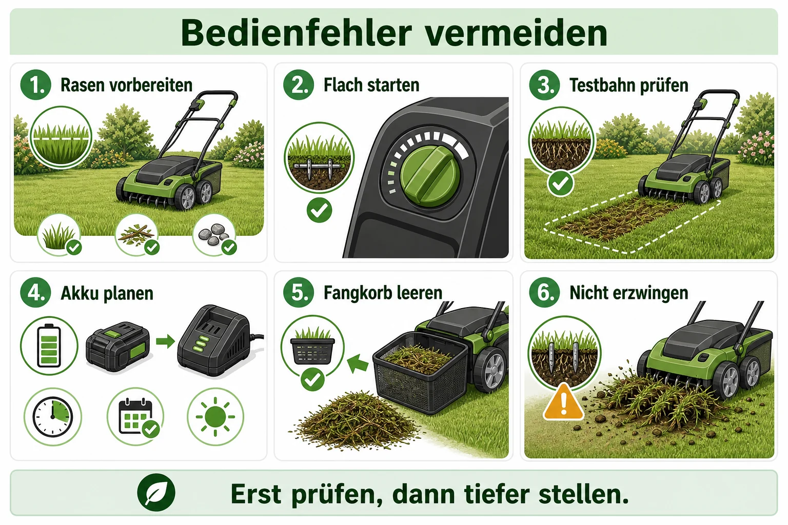 Infografik: Bedienfehler beim Akku-Vertikutierer vermeiden