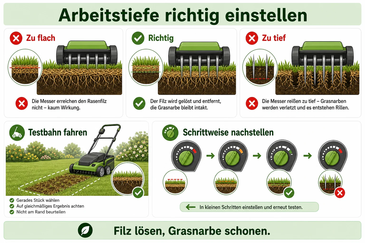 Infografik: Arbeitstiefe beim Vertikutierer richtig einstellen