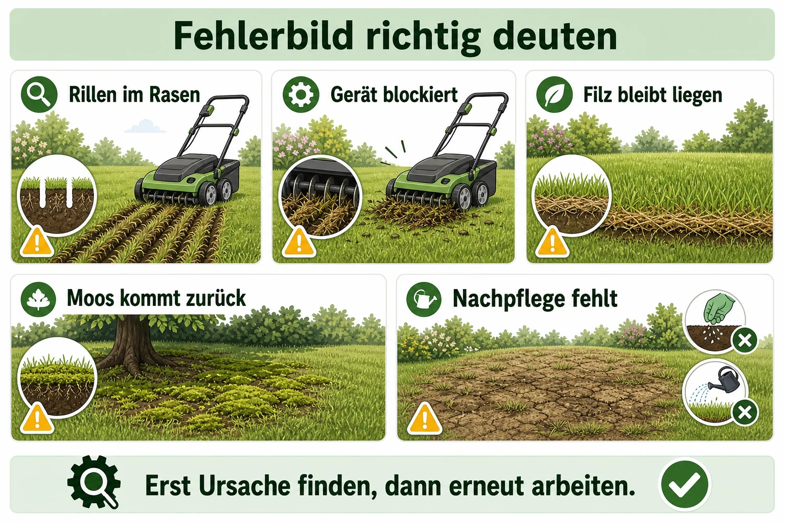 Infografik: Fehlerbilder beim Vertikutieren richtig deuten