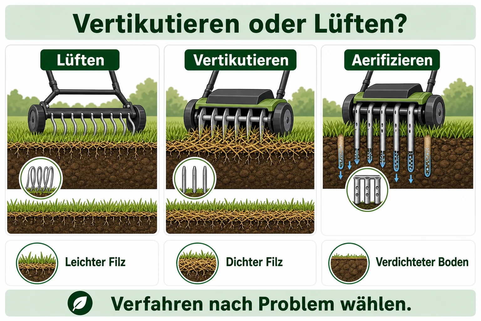 Infografik: Vertikutieren, Lüften und Aerifizieren vergleichen